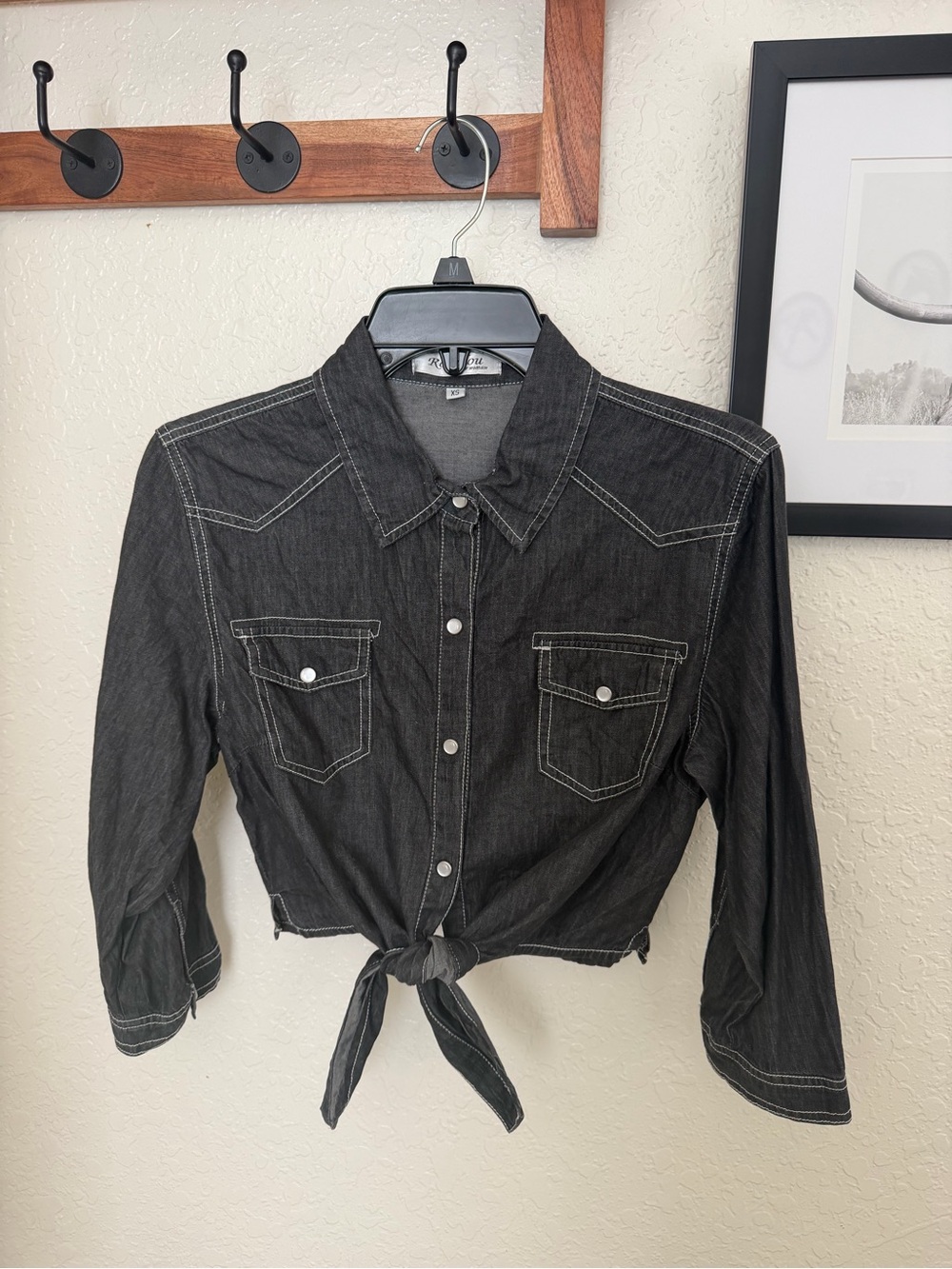Rokadou Tie-Front Black Denim Shirt - XS will fit small western pearl snap